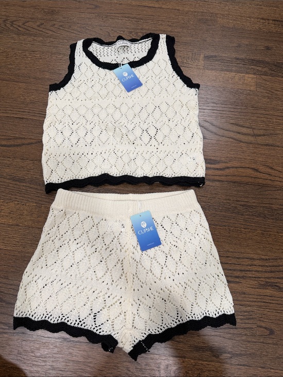 Cupshe Other - Cupshe Cream Knit High-Waist Shorts with Black Trim and tank top set